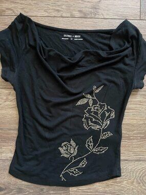 Silence + Noise Black Silver Jewel Cowl Neck Short Sleeve Shirt Top Size Small